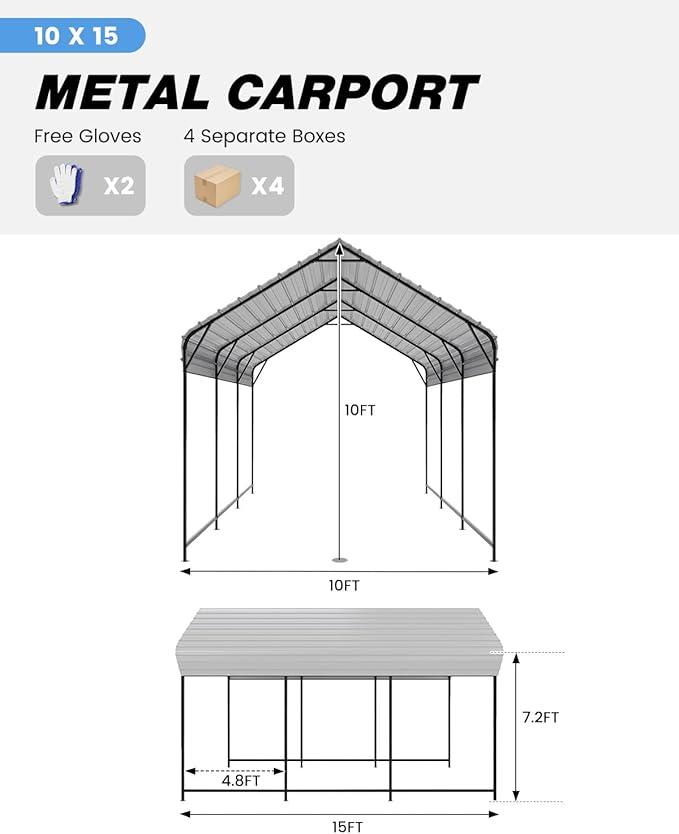 10'x15'x10' Heavy Duty Metal Carport, Steel Carports Canopy - Image 7