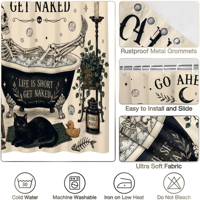 Halloween Shower Curtain Funny Skull Gothic Skeleton Fun Bubble Bath Unique Cool Bone in Bathtub Curtains, Retro Scary Bathrrom Decor, 72x72 inch, Waterproof Fabric with 12 Hooks - Image 4