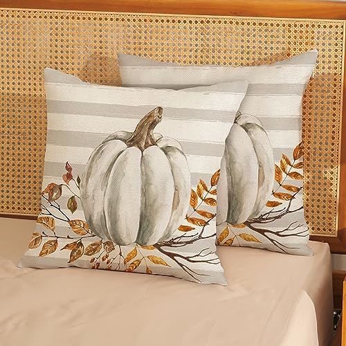Fall Pillow Covers 22x22 Set of 2 Pumpkin Leaf Branch and Stripes Fall Decor Pillowcase Linen Autumn Thanksgiving Decorative Outdoor Throw Pillow Covers Farmhouse Cushion Case for Couch Home - Image 2