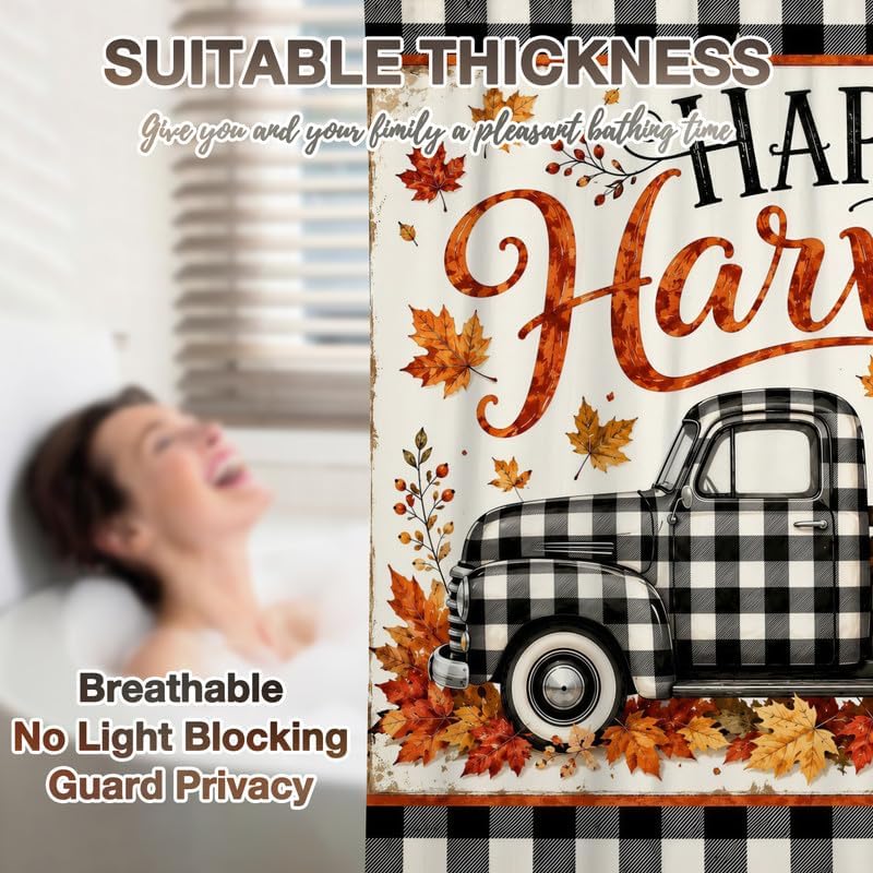 Fall Thanksgiving Harvest Pumpkin Shower Curtain, Autumn Truck Buffalo Plaid Check Leaves Farmhouse Black White Bathroom Curtains 72x72, Fall Friendsgiving Bath Decor, Waterproof Fabric with 12 Hooks - Image 6