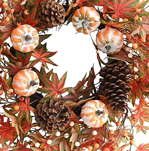 Fall Wreath for Front Door Artificial Autumn Grapevine Wreath with Berry Branches Farmhous Maple Leaves Wreath with Pine Cones and Mini Pumpkins for Indoor/Outdoor/Thanksgiving/Halloween/Home - Image 3