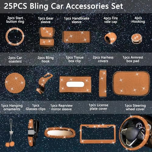 25PCS Bling Car Accessories Set,15 Inch Steering Wheel Cover,Shiny License Plate Frame,Center Console Cover and Rearview Mirror Set and Other Car Accessories(Orange) - Image 2