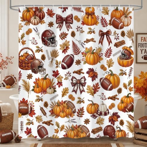 Fall Football Pumpkin Shower Curtain, Autumn American Football Sports Leaves Maple Leaf Shower Curtain fo Bathroom Set, Fall Thanksgiving Waterproof Bath Decor with Hooks 72 x72 Inch - Image 3