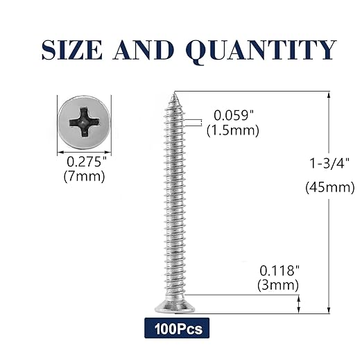 #7 x 1-3/4" Wood Screw 100Pcs 18-8 Stainless Steel Screws Flat Head Phillips - Image 2