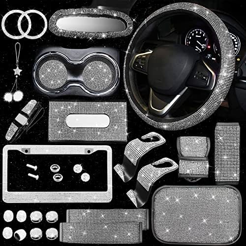 25PCS Bling Car Car Accessories Set,15 Inch Steering Wheel Cover,Shiny License Plate Frame,Center Console Cover and Rearview Mirror Set and Other Car Accessories(White) by JINGSEN