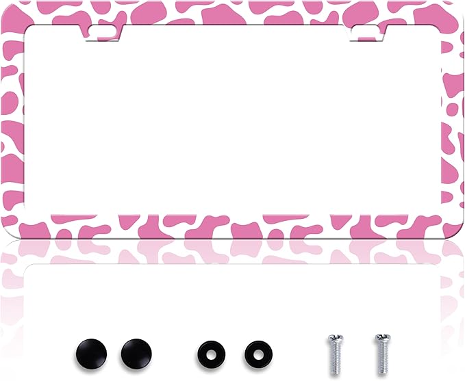 Pink Cow Print License Plate Frame Animal Texture License Plate Frames by HOWKWAWY