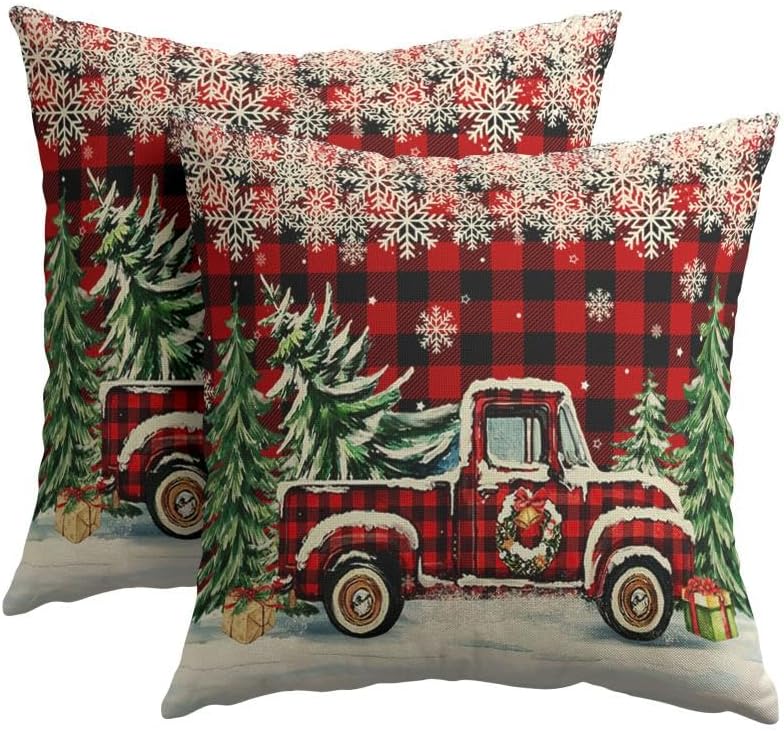 Christmas Buffalo Plaid Truck Throw Pillow Covers 24x24 Set of 2 Snowflakes by Trongr