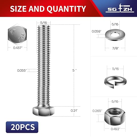 5/16-18 x 5" Hex Head Screw Bolt, Flat & Lock Washers, Fully Threaded, by SG TZH - Image 2