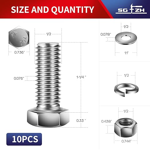 1/2-13 x 1-1/4" Hex Head Screw Bolt, Flat & Lock Washers, Fully Threaded - Image 2