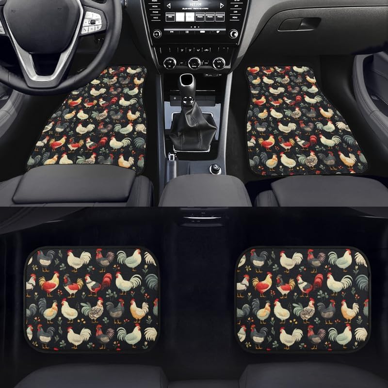 Retro Chicken Floral Print Non-Slip Car Mats Set Watercolor Animal Hen Carpet Vehicle Floor Mats Car Decor Accessories Front & 2nd Row Floor Mats for Driver Seat, Black