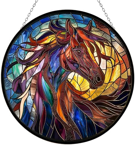 Horse Stained Glass Suncatcher Four Season Theme Colorful Leaves Window Wall Hanging Ornament Hand-Painted Glass Panel Decor Gift for Women Christmas Thanksgiving Gift 6.3" by 365CUSGIFTS