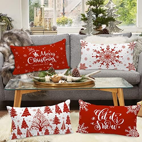 Lanpn Christmas Lumbar Throw Pillow Covers 14x24 Set of 4, Merry Christmas Winter Xmas Snowflake Decorative Holiday Cushion Pillow Cases 14 x 24 for Indoor Farmhouse Home Room Couch Decor (Red) - Image 2