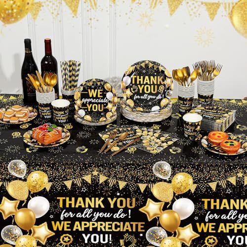Funnymoom 452 Pcs Black Gold We Appreciate You Decoration for 50, Thank You Paper Plates Napkins Cups Tablecloth Set for Administrative Professional Day Employee Teacher Volunteer Appreciation Supply - Image 6