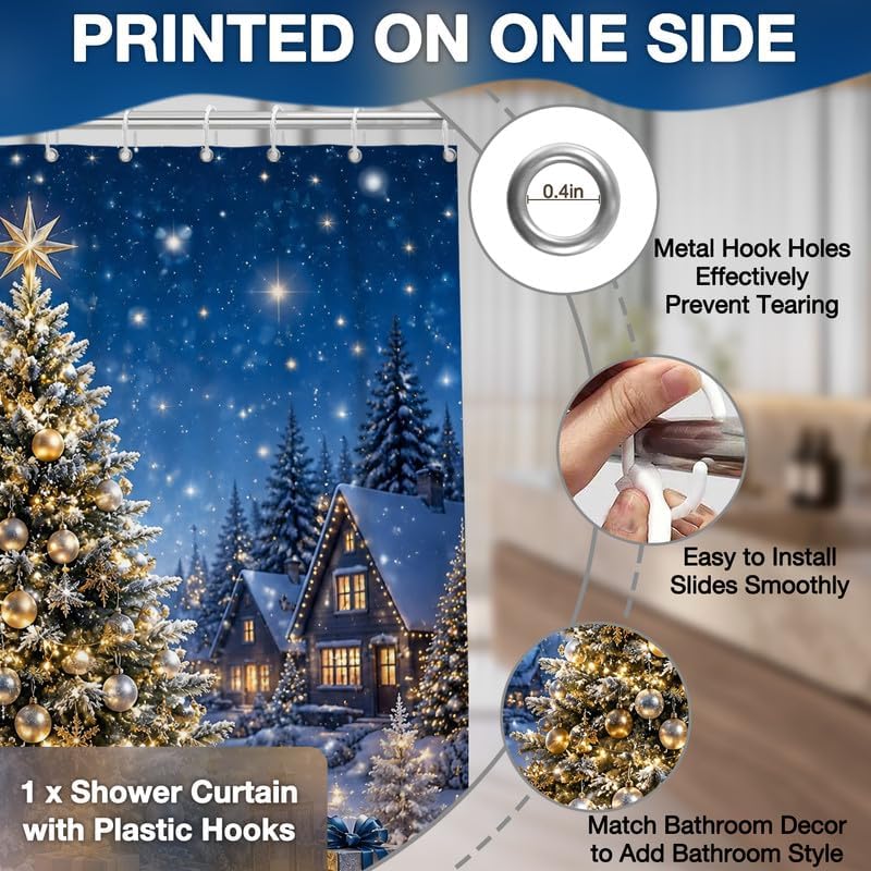 Christmas Tree Shower Curtain, Winter Village Blue Xmas Pine Trees - Image 5