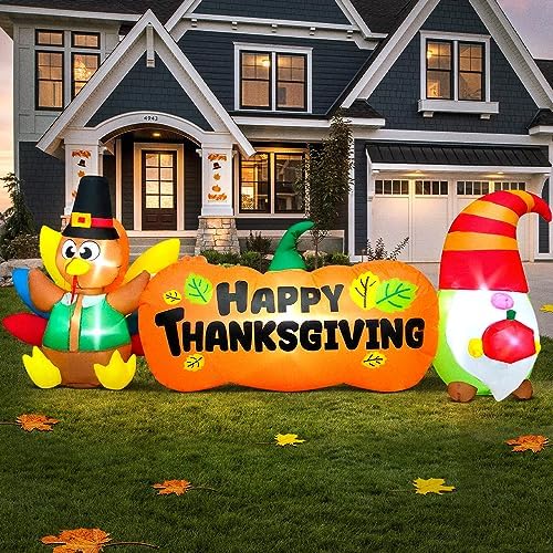 8FT Thanksgiving Inflatables Outdoor Decoration Inflatable Turkey Pumpkin Gnome, Built in LED Lights Blow Up Yard Decorations for Fall Holiday Party Garden Lawn Décor by KOOY