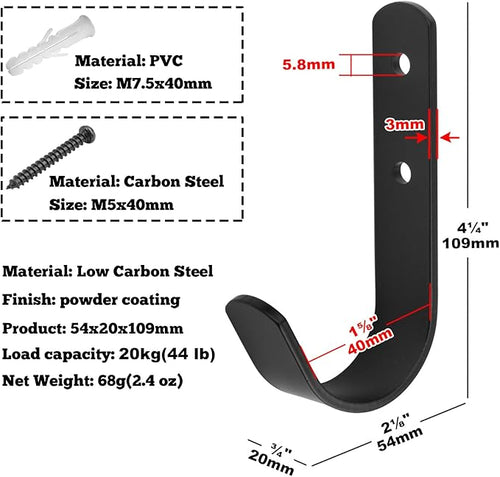 10 Pack Black Steel J Hook, 4-1/4" x 2-1/8" Wall Mount Utility Hook - Image 2