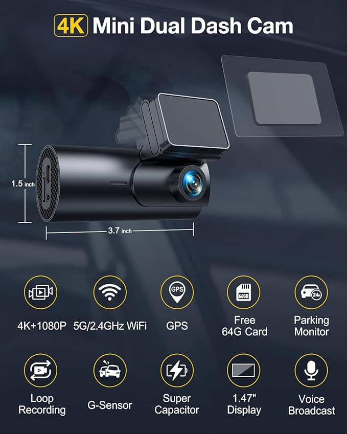GKU Dash Cam Front and Rear Camera, 5.8GHz WiFi & GPS Dash Camera - Image 2