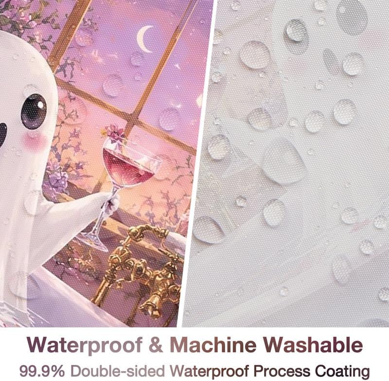 Pink Halloween Shower Curtain Funny Ghost Flowers Cat Bathtub Curtains for Bathroom Cute Halloween Home Decor with 10 Hooks, 60x72 Inch - Image 3