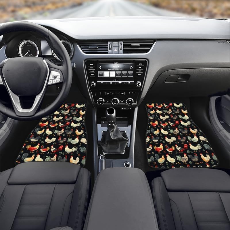 Retro Chicken Floral Print Non-Slip Car Mats Set Watercolor Animal Hen Carpet Vehicle Floor Mats Car Decor Accessories Front & 2nd Row Floor Mats for Driver Seat, Black