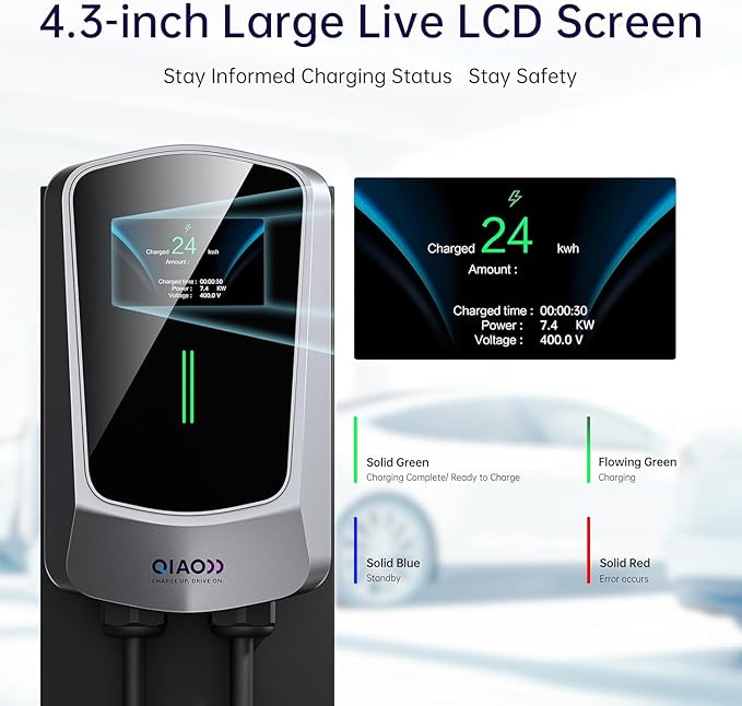 QIAO Level 2 EV Charger, Wi-Fi Bluetooth APP Enabled EVSE, 4.3in Display - Image 6