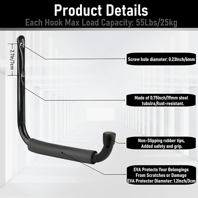 Heavy Duty Steel Garage Storage Hooks, 9.5Inches Jumbo Arm Ladders Utility Rack - Image 3