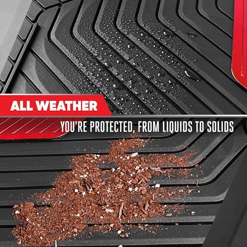 Motor Trend MetallicGuard Car Floor Mats Full Set - Durable Rubber Floor Mats with Red Metallic Heel Pad, All-Weather Interior Protection for Front and Rear with Non-Slip Backing