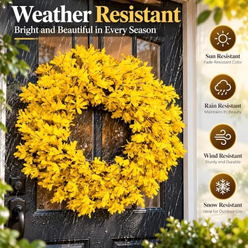 24 Inch Fall Wreath for Front Door Full Yellow Forsythia Wreath - Image 4
