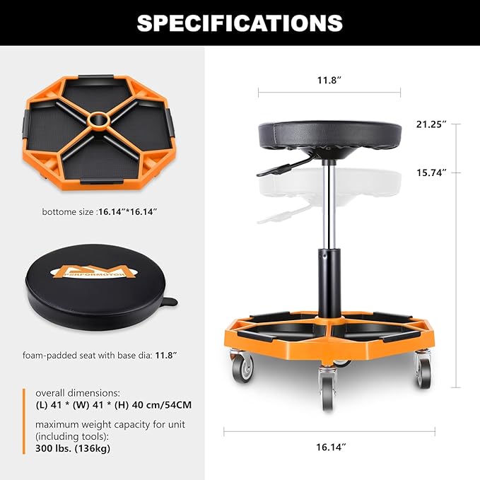 PM PERFORMOTOR Adjustable Height Pneumatic Garage Seat Rolling Mechanic Stool - Image 3