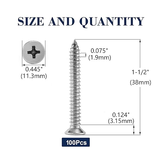 #14 x 1-1/2" Wood Screw 100Pcs 18-8 Stainless Steel Screws Flat Head Phillips - Image 2