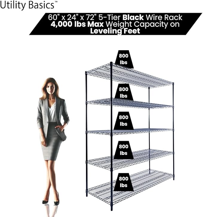 60"x24"x72" Black 5-Tier Premium Metal Wire Shelving NSF 4000 LBS MAX Capacity - Image 3