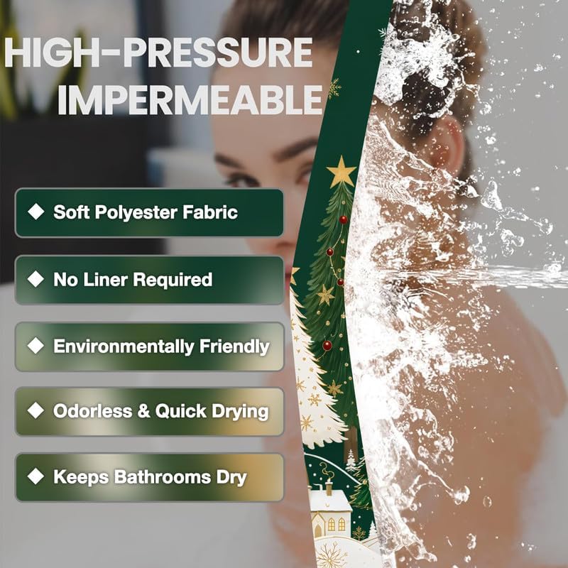 Green Christmas Shower Curtain, 72x78 Inch Waterproof Fabric - Image 7