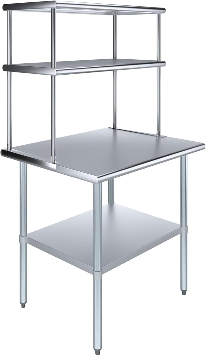 Amgood Stainless Steel Work Table Double Tier Overshelf | Metal Kitchen Prep by AmGood