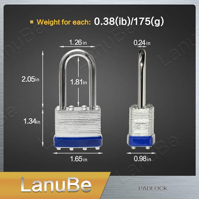 LanuBe Laminated Padlock 1-9/16 inch Long Shackle 6 Pack Keyed Alike, Bulk Locks - Image 2