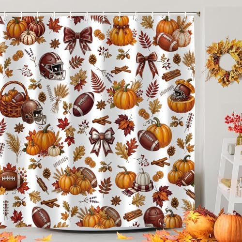 Fall Football Pumpkin Shower Curtain, Autumn American Football Sports Leaves Maple Leaf Shower Curtain fo Bathroom Set, Fall Thanksgiving Waterproof Bath Decor with Hooks 72 x72 Inch by Sokdacm
