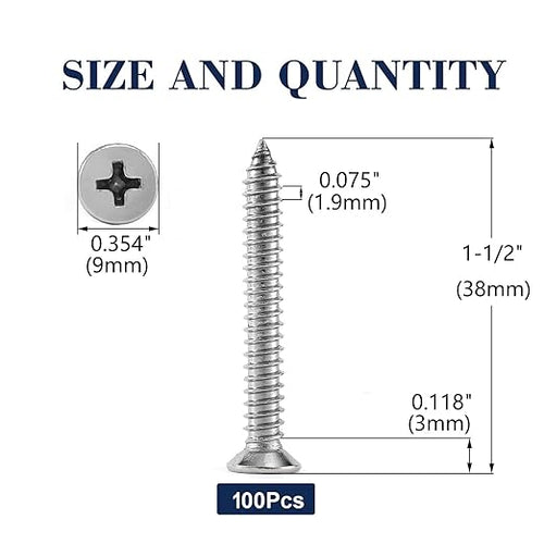 #10 x 1-1/2" Wood Screw 100Pcs 18-8 Stainless Steel Screws Flat Head Phillips - Image 2