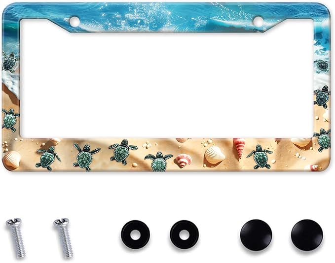 Cute Beach Turtles License Plate Frame, Sea Turtles Sea Shell Starfish Front by MIXWIT