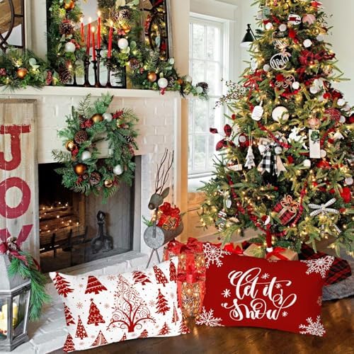 Lanpn Christmas Lumbar Throw Pillow Covers 14x20 Set of 4, Merry Christmas Winter Xmas Snowflake Decorative Holiday Cushion Pillow Cases 14 x 20 for Indoor Farmhouse Home Room Couch Decor (Red) - Image 3