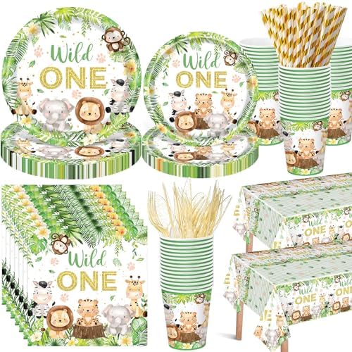Funnymoom 452 Pcs Wild One Birthday Party Decorations for 50, Safari Jungle Wild One Paper Plates Napkins Cups Tablecloth Cutlery Straws for Boys Kids Woodland Themed First Birthday Party Supplies by Funnymoom
