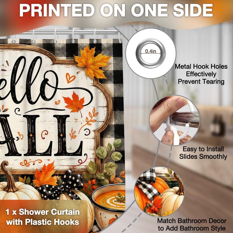 Hello Fall Shower Curtain for Bathroom Autumn Pumpkin Harvest Buffalo Plaid Check Bath Curtains Decor Waterproof Fabric with 10 Hooks, 60x72 Inch - Image 5