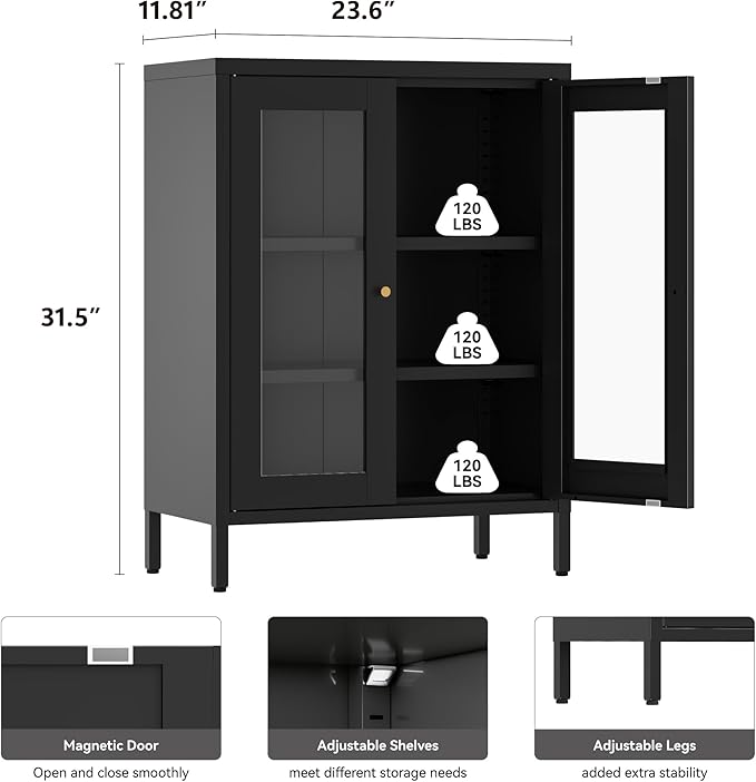 Metal Bathroom Cabinet with Glass Doors, Bathroom Floor Storage Cabinet with 2 - Image 2