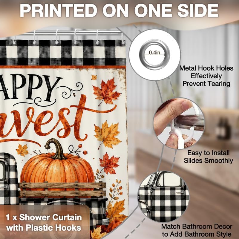Fall Harvest Shower Curtain Pumpkin Autumn Leaves Thanksgiving Shower Curtains for Bathroom Buffalo Plaid Check Car Home Decor Waterproof Fabric with 10 Hooks, 60x72 Inch - Image 5