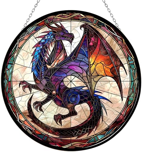 Dragon Stained Glass Suncatcher 4 Season Theme Colorful Leaves Window Wall Hanging Ornament Hand-Painted Glass Panel Decor Gift for Women Christmas Thanksgiving Gift 6.3" by 365CUSGIFTS