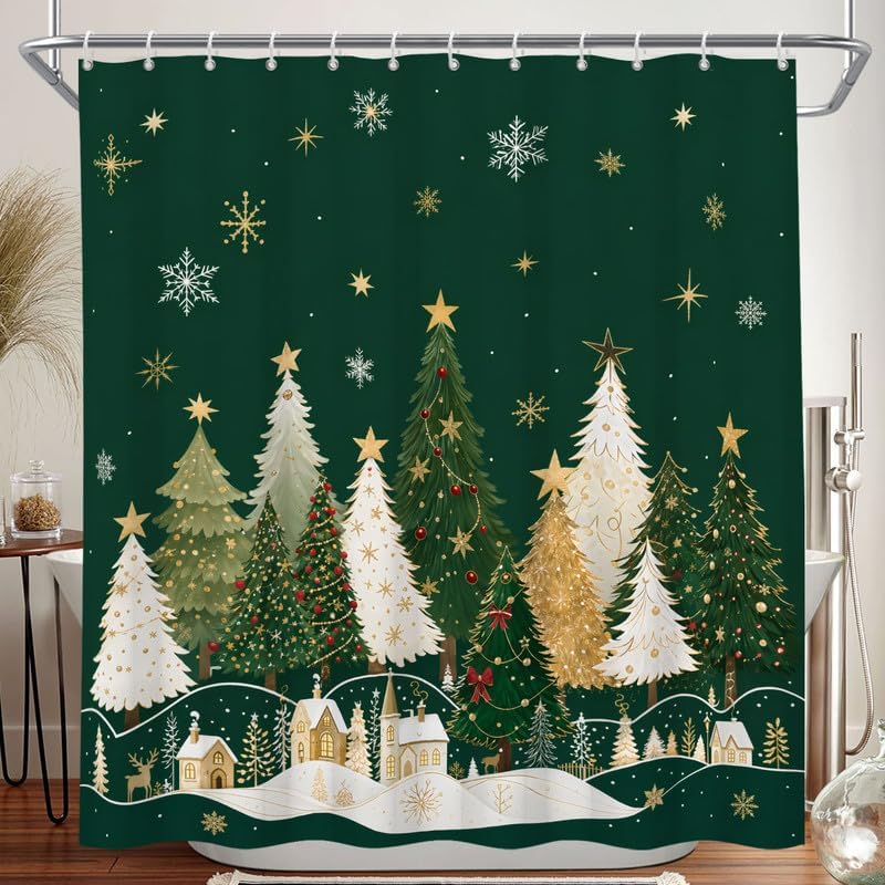 Green Christmas Shower Curtain, 60x72 Inch Waterproof Fabric by Duluxykl