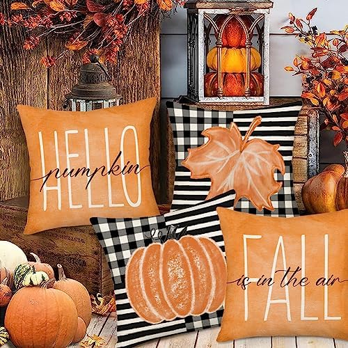 Fall Decor Pillow Covers 24x24 Inch Set of 4 Orange Pumpkin Maple Leaf Throw Pillow Case Outdoor Buffalo Plaid Stripes Autumn Thanksgiving Farmhouse Decoration for Home Couch - Image 3