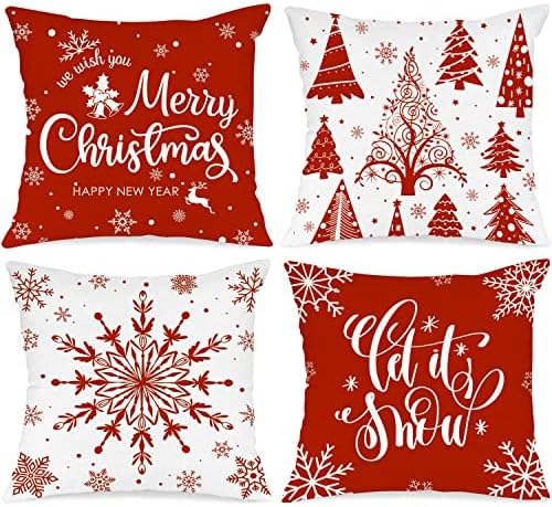 Lanpn Christmas Throw Pillow Covers 22x22 Set of 4, Merry Christmas Winter Xmas Snowflake Decorative Holiday Cushion Pillow Cases 22 x 22 for Outdoor Indoor Farmhouse Home Room Couch Decor (Red) by Lanpn