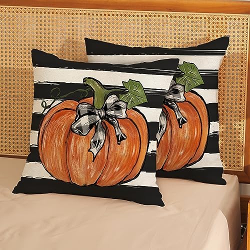 Fall Pillow Covers 18x18 Set of 2 Pumpkin Maple Leaves and Stripes Fall Decor Pillowcase Linen Autumn Thanksgiving Decorative Outdoor Throw Pillow Covers Farmhouse Cushion Case for Couch Home - Image 3