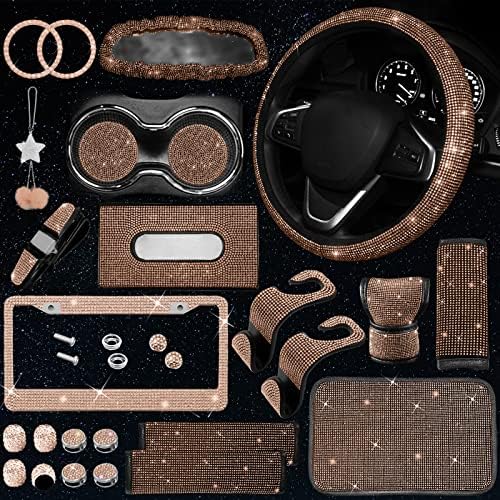 25PCS Bling Car Car Accessories Set,15 Inch Steering Wheel Cover,Shiny License Plate Frame,Center Console Cover and Rearview Mirror Set and Other Car Accessories(Champ) by JINGSEN