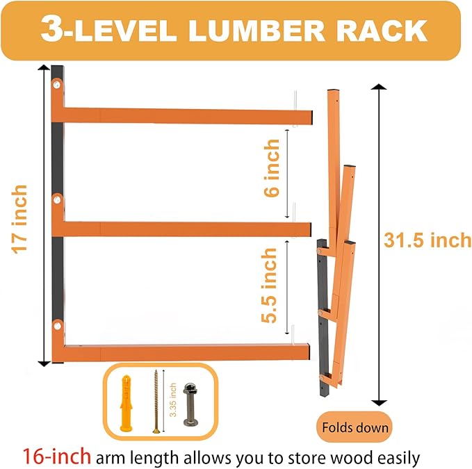 Lumber Rack Wall Mount, Heavy Duty Wood Storage Racks, 3-Level System Garage - Image 2