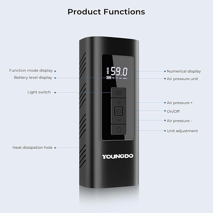 YOUNGDO Tire Inflator Portable Air Compressor, 150 PSI & 6000mAh, Tire Inflator - Image 9