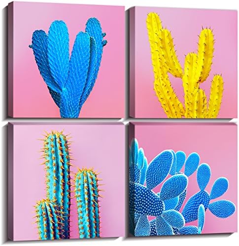 Cactus Wall Decor Bathroom Tropical Succulent Wall Art Boho Western Botanical Pictures for Living Room Bedroom Mexican Plant Canvas Prints Country Desert Flower Paintings Home Decoration 16x16”4Pcs by sunfrower